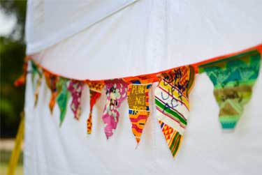 colourful flags strung up as bunting