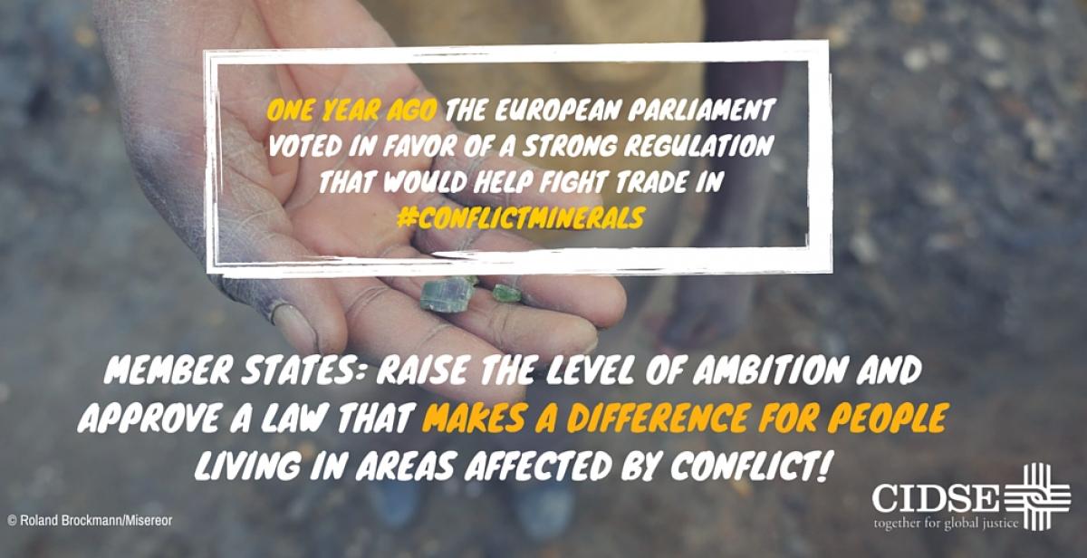 photo of conflict minerals with quote: &amp;quot;one year ago the European Parliament voted in favor of a strong regulation that would help fight trade in conflict minerals&amp;quot;