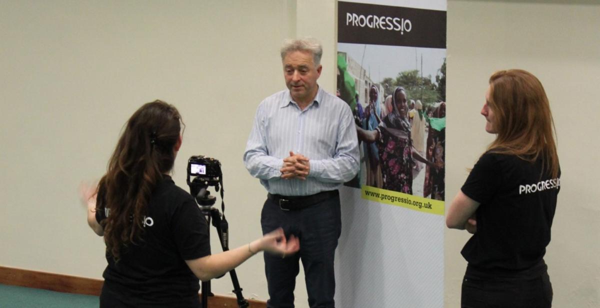Novelist Frank Cottrell-Boyce being interviewed at the Liverpool Diocese ZimFare and ZimFast launch event