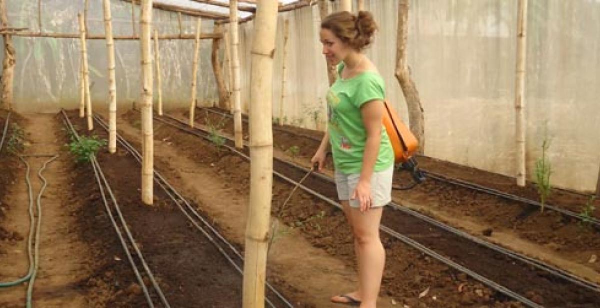 Laura Packer spraying insecticide in greenhouse