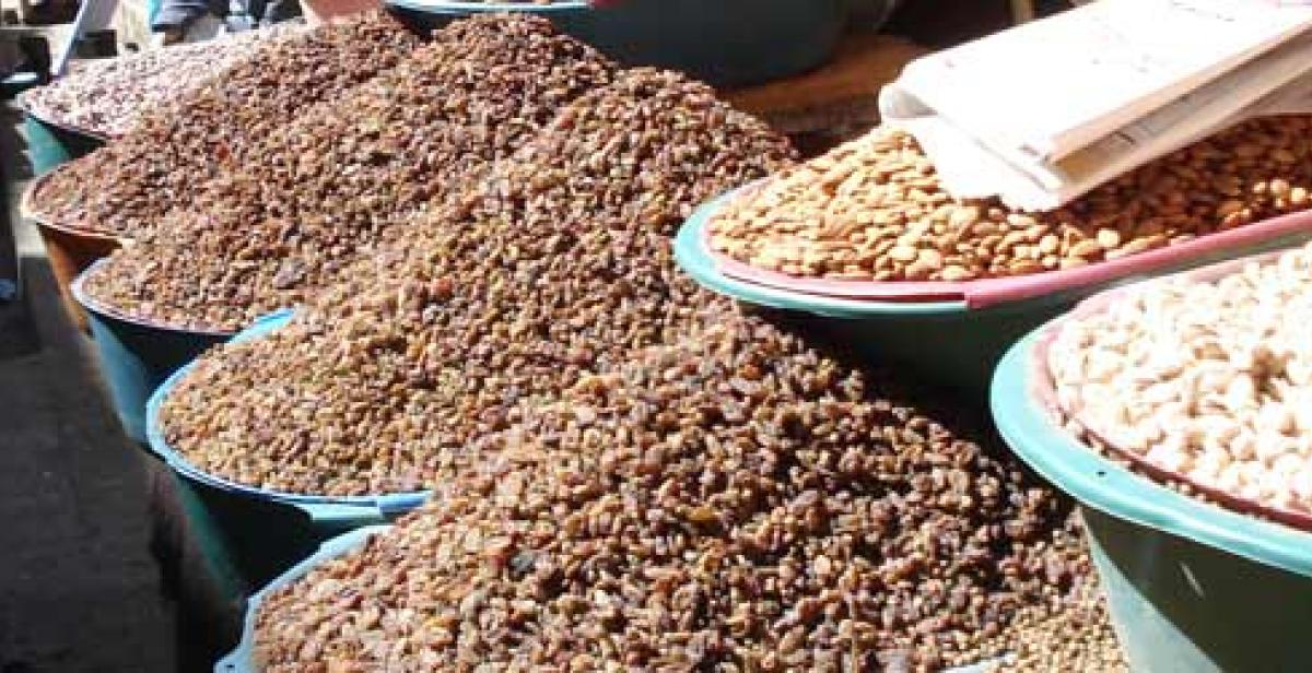 Beans and seeds being sold at a local market in Yemen. 