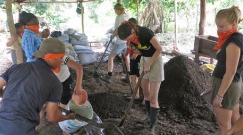 Volunteers digging in greenhouse