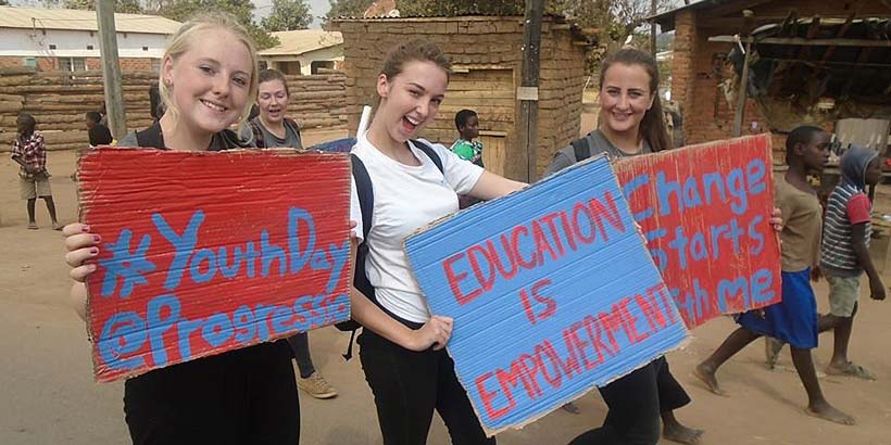 Abby, Emily and Sally taking part in the International Youth Day celebrations in Mzuzu